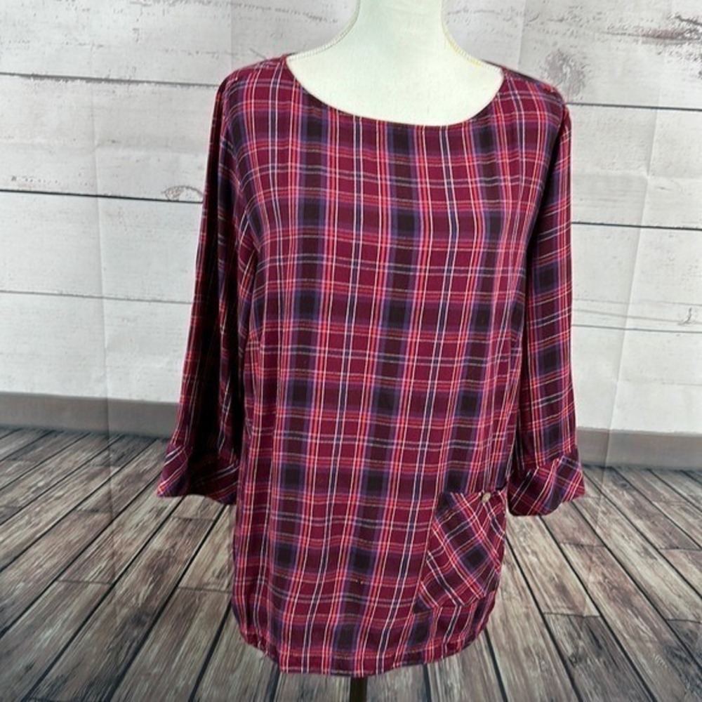 J Jill Shirt Top Womens 2X Pink Madras Plaid Tunic Relaxed Pocket Popover Casual